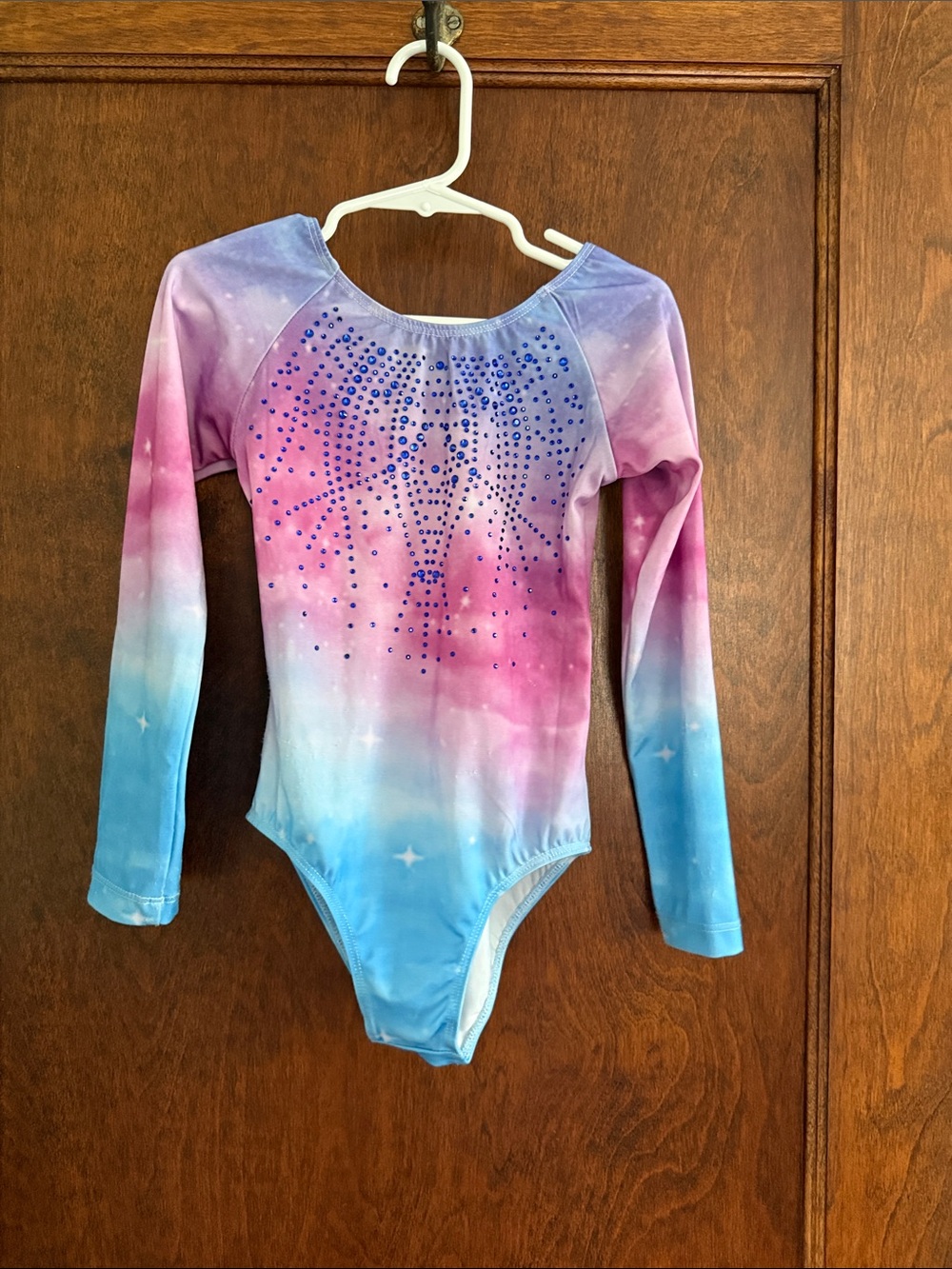 Girls Long Sleeve Tie-Dye Leotard with Rhinestones - Pink Blue Purple